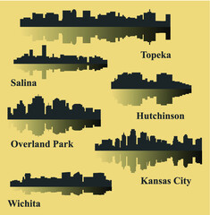 Fototapeta premium Set of 6 City silhouette in Kansas (Topeka, Salina, Kansas City, Overland Park, Wichita, Hutchinson)