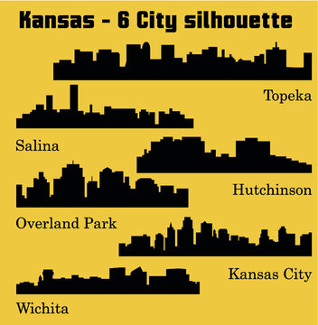 Set of 6 City silhouette in Kansas (Topeka, Salina, Kansas City, Overland Park, Wichita, Hutchinson)