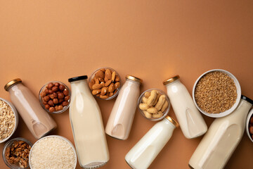 Assortment of vegetarian lactose free milk made of nuts and grains