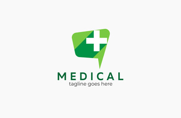 Fototapeta premium Medical Logo, green square bubble speech Logo with cross sign inside, flat style design logo template, vector illustration