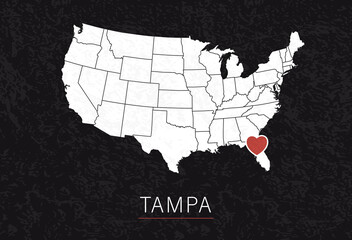 Love Tampa Picture. Map of United States with Heart as City Point. Vector Stock Illustration