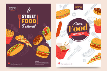 Street food festival poster design. Fast food banner design with burger, sandwich, french fries, donner kebab, noodles, donut, sausage, hot dog and a slice of pizza. Vector illustration.