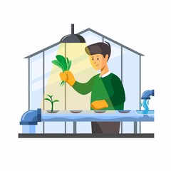 Obraz na płótnie Canvas Hydroponic farm. man harvesting organic vegetable from hydrophonic green house concept in cartoon illustration vector