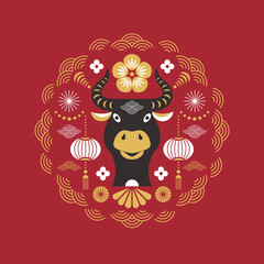 Chinese Happy new year. Year of the bull. Head of the bull and floral decor elements, chinese ornaments. Greeting card , poster design. Cover template.	
