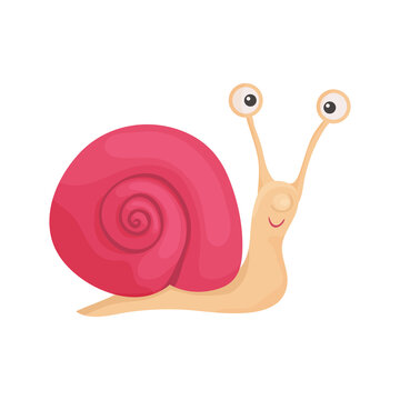 Vector illustration of a snail with a pink shell in a cartoon style. The snail looks funny, silly, naive, emotion. For children's books, clothes, postcards