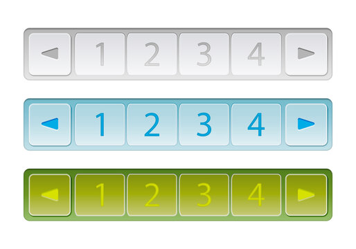 Interface de botones gris, verde y azul de paginación. 
