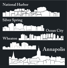 Set of 5 city silhouette in Maryland (Annapolis, Ocean City, National Harbor, Silver Spring, Wheaton)