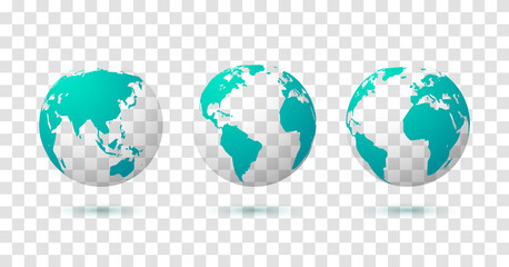 Globe earth world vector map. 3d blue transparent digital planet round globe icon set
