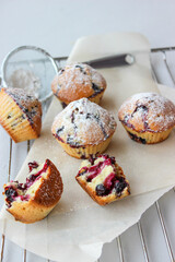 Currant muffins sprinkled with powdered sugar