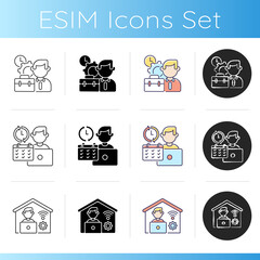 Job vacancy icons set. Linear, black and RGB color styles. Work in company, professional occupation. Corporate employment. Full time job and remote work. Isolated vector illustrations