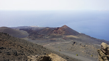 Volcano Teneguia panoramic view on the ocean background, Fuencaliente, La Palma, Spain      