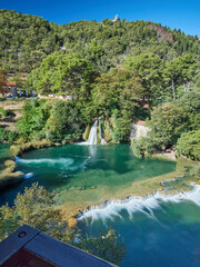 Fototapeta na wymiar View of the waterfalls and cascades of Skradinski Buk on the Krka river. Krka National Park, Dalmatia, Croatia
