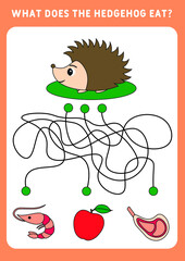 What does a hedgehog eat? Labyrinth for children. Educational game for children. Activities for preschoolers and toddlers. Educational and logical game for children. Illustration.