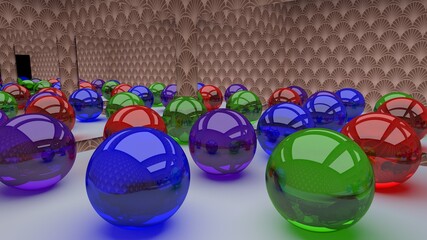 Colorful Crystal Glass Lens Balls View Inside Mirror-glass Room With Artistic Wall Texture 3D Rendering