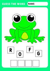 GUESS THE WORD. Say the word frog. Educational and logical game for children. Illustration and vector outline - A4 paper, ready for printing.