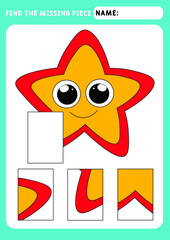Find the missing piece and complete the picture. Puzzle kids activity. animals theme. starfish. Activity for pre school years kids. Educational and logical game for kids.  A4 paper ready to print.