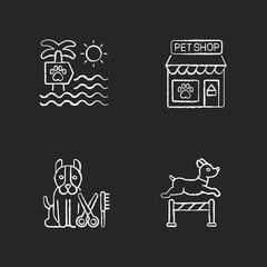 Pet industry chalk white icons set on black background. Dog beach, petshop, professional grooming salon and training center. Domestic animals care business. Isolated vector chalkboard illustrations