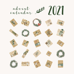Advent calendar. Christmas presents in kraft paper and wreaths, with numbers 1 to 25. Rustic gift box. Eco decoration. Xmas and New 2021 Year celebration preparation. Vector flat cartoon style
