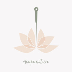 Acupuncture needle and lotus flower. Alternative medicine logo, sign, icon. the acupuncture points as places to stimulate nerves, muscles and connective tissue. Acupuncture treatment. Chinese medicine