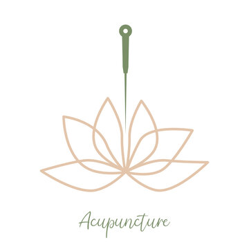 Acupuncture needle and lotus flower. Alternative medicine logo, sign, icon. the acupuncture points as places to stimulate nerves, muscles and connective tissue. Acupuncture treatment. Chinese medicine