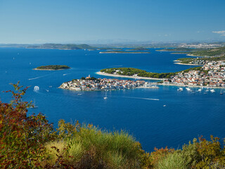 Amazing panoramic view of the tourist town of Primosten. View of the Old Town and Marina. Dalmatia, Croatia