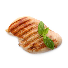 Tasty grilled chicken fillet and green basil isolated on white, top view