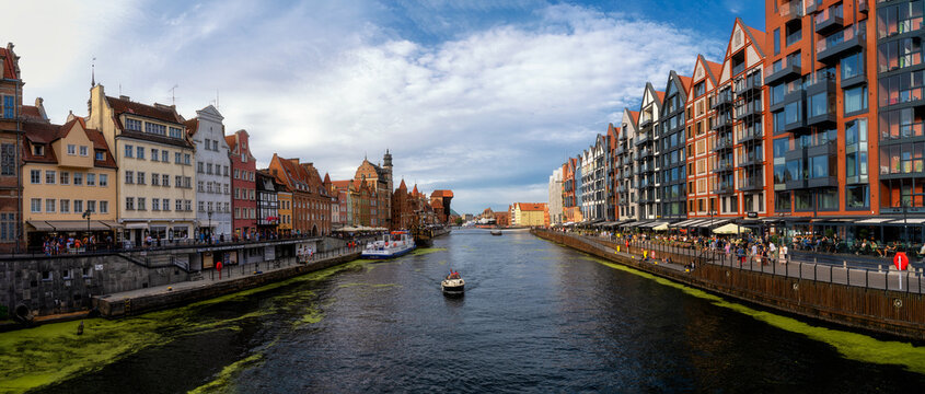 The Old Town of Gdańsk with the rebuilt Wyspa Spichrzow on the right. Poland. The photo was taken on August 20, 2020