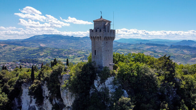 Aerial view of San Marino - Third tower "Montale" as seen from a drone in flight over Mount Titano in Northern Italy