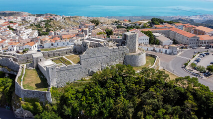 Aerial view of the castle of Monte Sant'Angelo on the Gargano peninsula in Italy, photographed from...