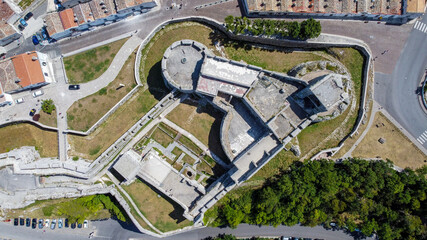 Vertical aerial view of the castle of Monte Sant'Angelo from above on the Gargano peninsula in...