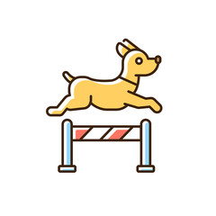 Pet training RGB color icon. Domestic animals taming and discipline education service. Dog preparing for contest, jumping over obstacle isolated vector illustration