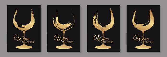 Fototapeta Modern abstract luxury card templates for wine tasting invitation or poster or banner or presentation with golden glasses in grunge style on a black background. obraz