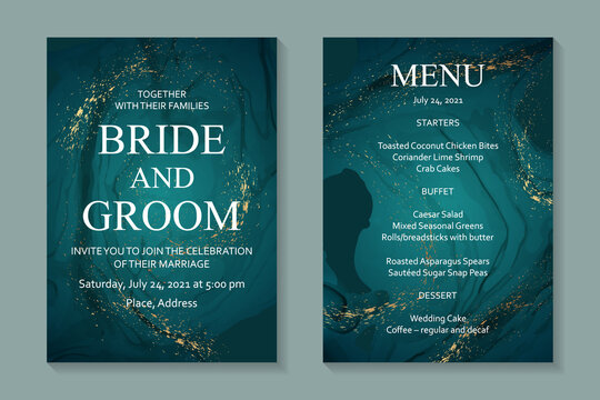 Modern abstract luxury wedding invitation design or card templates for birthday greeting or certificate or cover with turquoise watercolor waves or fluid art in alcohol ink style with gold.