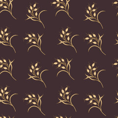 Seamless pattern decorative field steppe herbs in yellow on a dark brown background. Vector illustration for design, packaging, wallpaper, fabric, textile, stationery, accessories.