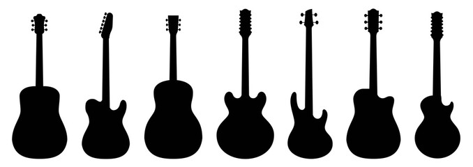 Guitar silhouettes set.Acoustic and heavy rock electric guitars musical instruments. Simple set of electric guitar vector icons for web design. Music symbols collection.Vector ilustration - obrazy, fototapety, plakaty