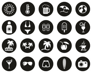 Summer Icons White On Black Flat Design Circle Set Big