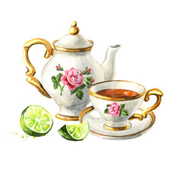 Teapot, cup of tea and lime. Hand drawn watercolor illustration isolated on white background