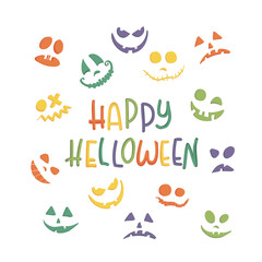 Children inscription in the style of cartoon and picture with the inscription and text Happy Halloween Colored bright and colorful and orange letters on a white background and laughing pumpkin face.