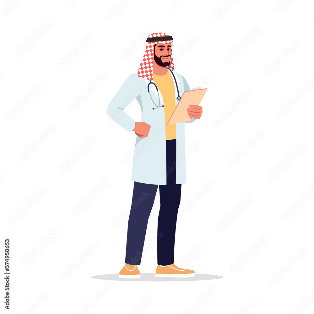 Sticker General practitioner semi flat RGB color vector illustration. Hospital personnel. Primary care physician. Young arab man working as medical doctor isolated cartoon character on white background