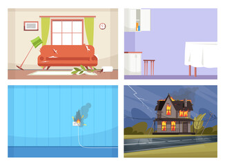 Common house accidents semi flat vector illustration set. Faulty wiring, open kitchen wall cabinet, messy living room, house on fire 2D cartoon scenes collection for commercial use