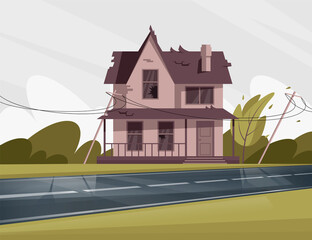 Shabby house with broken windows and roof semi flat vector illustration. Unsightly abandoned two-storied building. Strong cold winter. Gray environment 2D cartoon scene for commercial use
