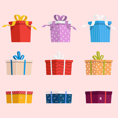 Vector set of cute colorful gift boxes on a light background. Trendy vector illustration for web and print. Objects are isolated.Christmas gift box.Colorful wrapped gift boxes.