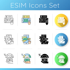 Mobile banking service icons set. Mobile deposits. Buying airplane tickets. Credit score changing. Linear, black and RGB color styles. Isolated vector illustrations