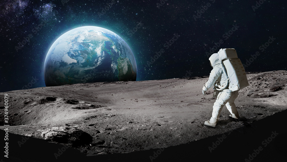 Poster astronaut on surface of the moon. earth on background. apollo space program. exploration of moon. da