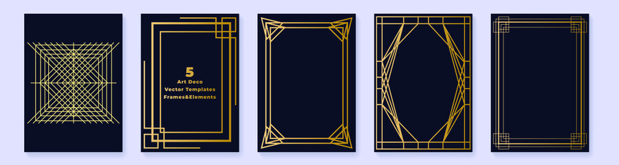 Luxury art deco greeting card and invitation templates set. Decoration geometric ornament. The gold texture on dark background.  - obrazy, fototapety, plakaty