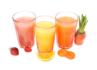 Glasses of delicious juices and fresh fruits on white background
