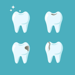 Set of various molars teeth isolated on blue background. Vector flat cartoon illustration. Dental health concept. Oral care, dental diseases. Design for dental, dentist or stomatology clinic