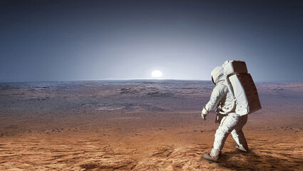 Astronaut on surface of red planet Mars. Martian colonizer. Spaceman. Expedition to Mars. Elements...