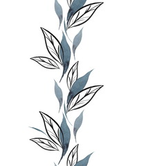 Seamless border of abstract leaves. Isolated on white. Watercolor illustration, hand drawing