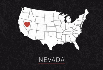 Love Nevada Picture. Map of United States with Heart as City Point. Vector Stock Illustration